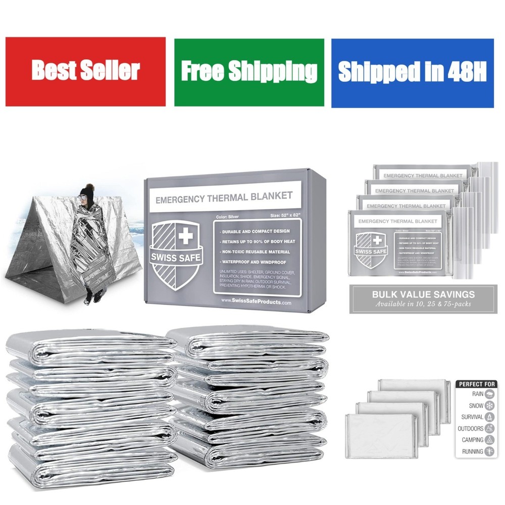 Swiss Safe Emergency Mylar Thermal Blankets – 25 Pack – Waterproof & Lightweight