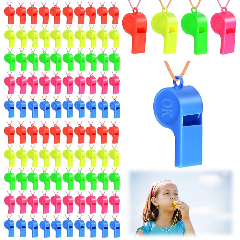 100 Pack Plastic Pipes Kids, 5 Colors Sports Pipes with Lanyard, Tril…