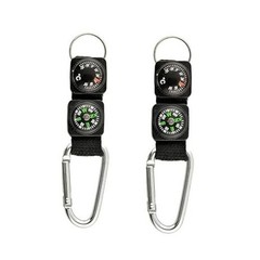 2Pcs Black Carabiner Key Chain Compass Thermometer Metal Camping Outdoor