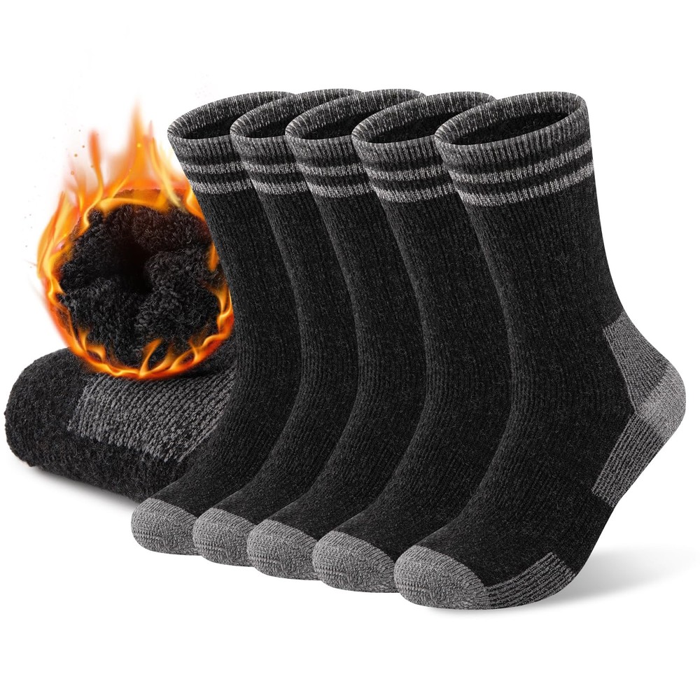 COOVAN Mens Merino Wool Crew Socks Thermal Warm Winter Medium-Large, 5-black