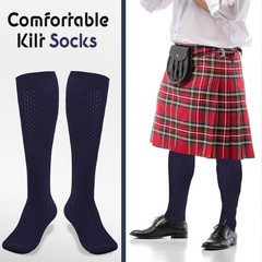 UMAM Scottish Highland Kilt Hose for Men, Ribbed Large, Navy Blue Bubble