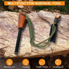 Durable 3/8″ Thick Ferro Rod Fire Starter with Wooden Handle & Emergency Tools