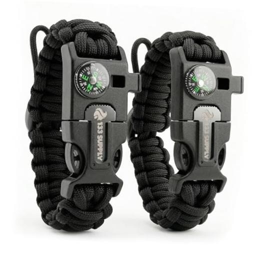 Paracord Bracelet Compass Hiking Survival Kit Emergency 2 Pack Black Bracelets