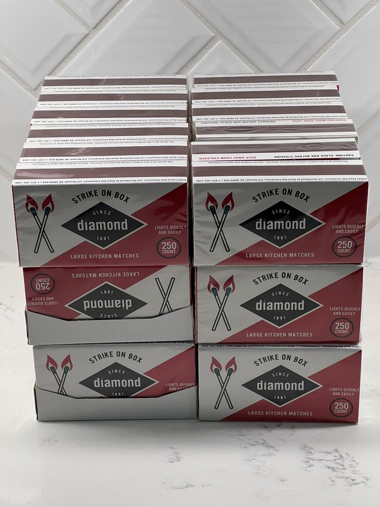 36 X Box Diamond Large Wooden Kitchen Matches 250ct, Sealed, Green Tip 9,000 Tot