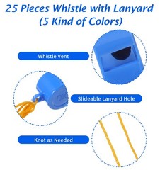 25 Pcs Multicolor Plastic Whistles with Lanyard for Outdoor Coach Training