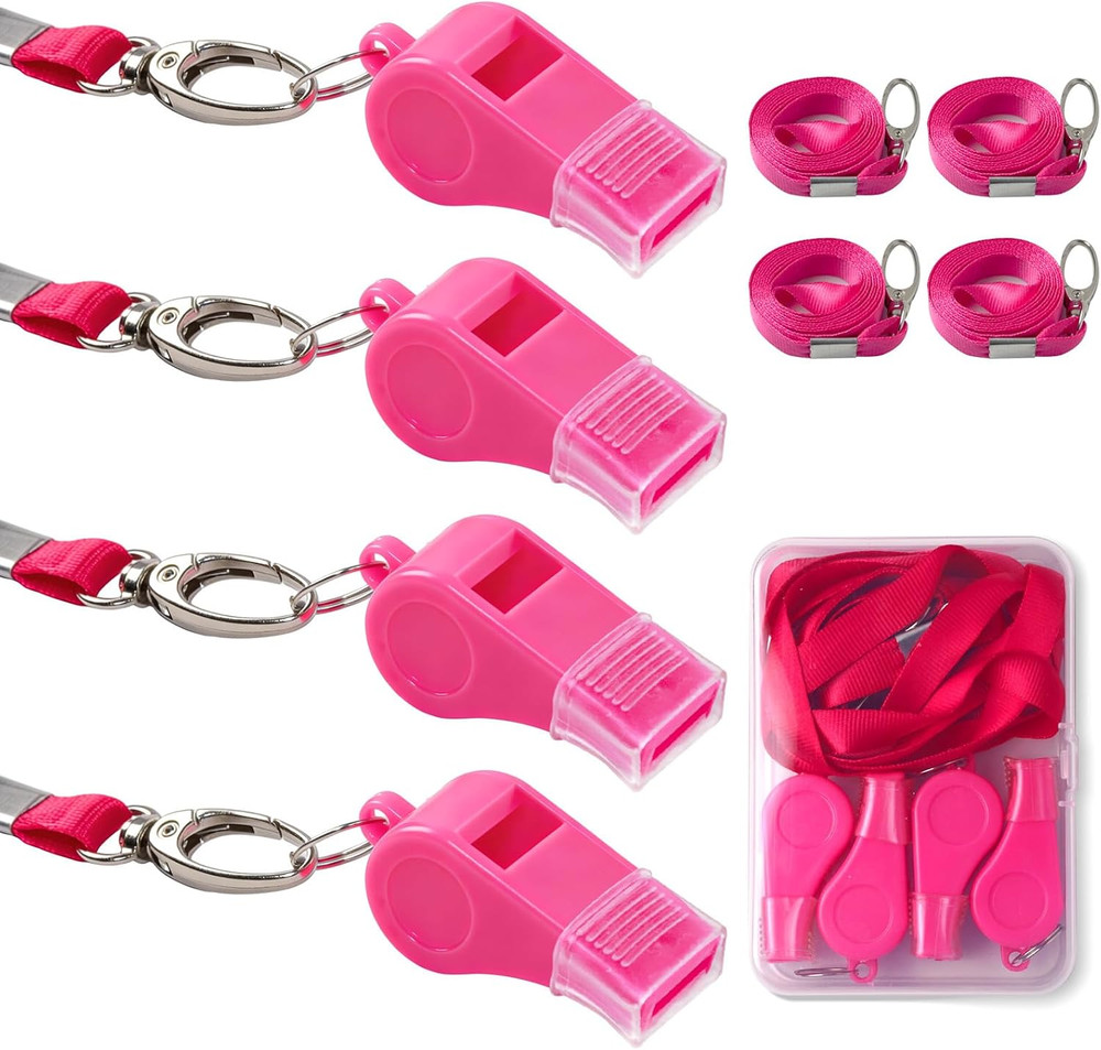 4 Pack Pink Plastic Whistles with Lanyard, Whistle for Coaches, Teachers | Mouth