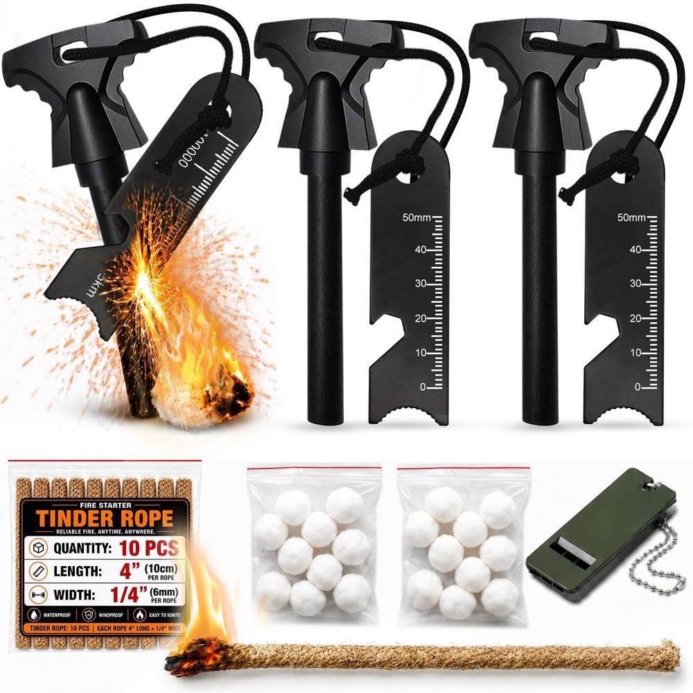 34PCS Fire Starter Survival Kit with 3 Ferro Rods & Striker Tinder 20 Waterproof