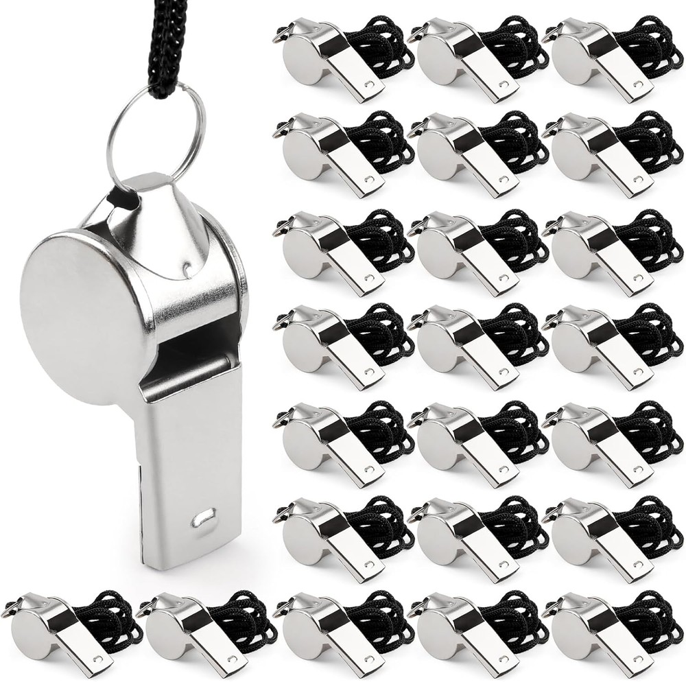 24pcs Stainless Steel Referee Whistles Loud Sports Whistle with Lanyards