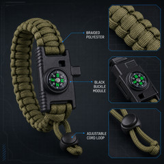 Army Green Braided Polyester Outdoor Bracelet Compass Buckle