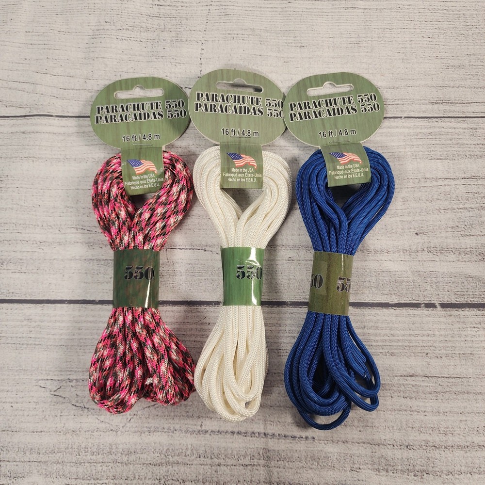 Pepperell Parachute 550 Paracord Lot 16ft Pink Camo White Royal Blue 3 Pack USA
