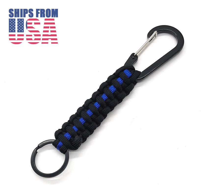 Paracord Keychain Thin Blue Line with Key Ring and Carabiner Police Enforcement