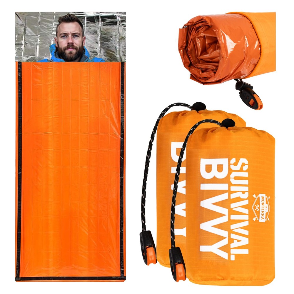 Monterra Emergency Sleeping Bag, Survival Bivvy, 2 Pack, Hiking Orange