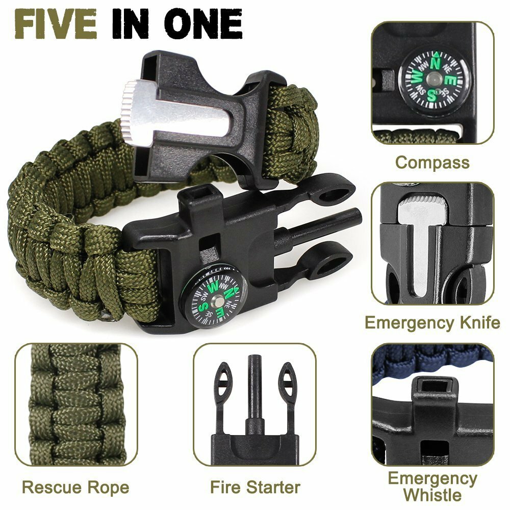 Outdoor Survival Kit Adjustable Paracord Emergency Bracelet Compass Waterproof