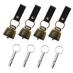4Pcs Loud Bear Bells with Whistles and PU Leather Keychains, Bear Bells Bronze