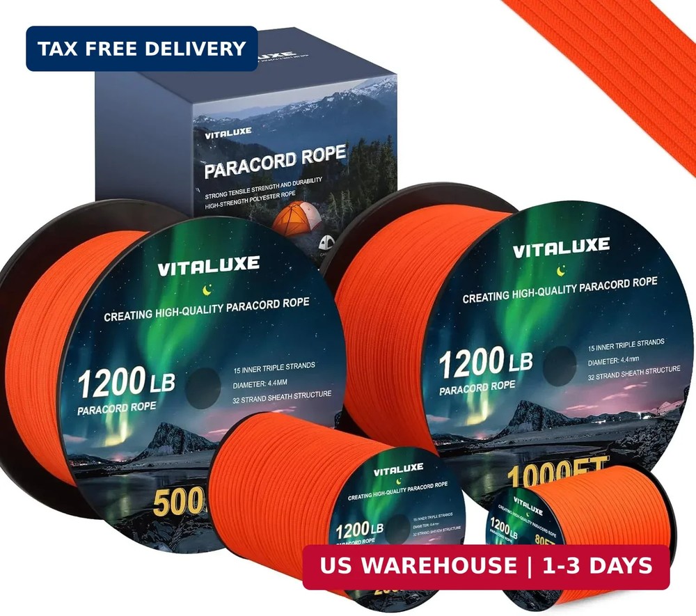 1200lb Paracord Rope, 4.4mm 15 Triple Strands Paracord, Tactical Parachute Cord