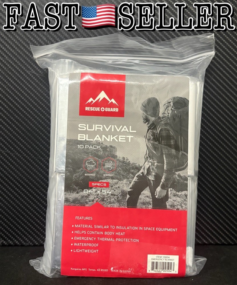 Rescue Guard Emergency Thermal Blankets 84″ x 54″ Waterproof & Windproof, 10pcs