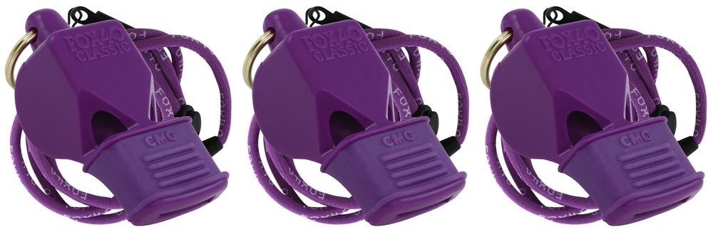 Fox 40 Classic CMG Safety 3-Chamber Pealess Whistle + Lanyard, Purple (3-Pack)