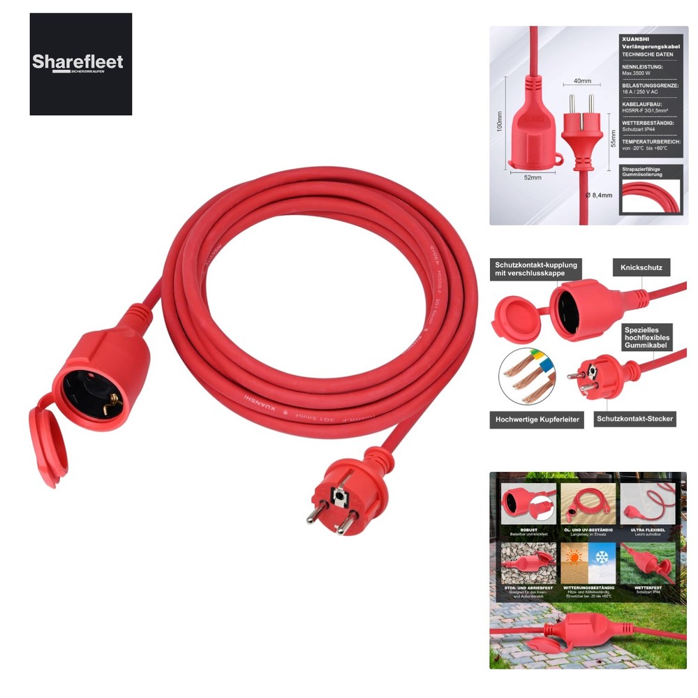Extension Lead Outdoor 20m for Outdoor Use, Rubber Extension Power…