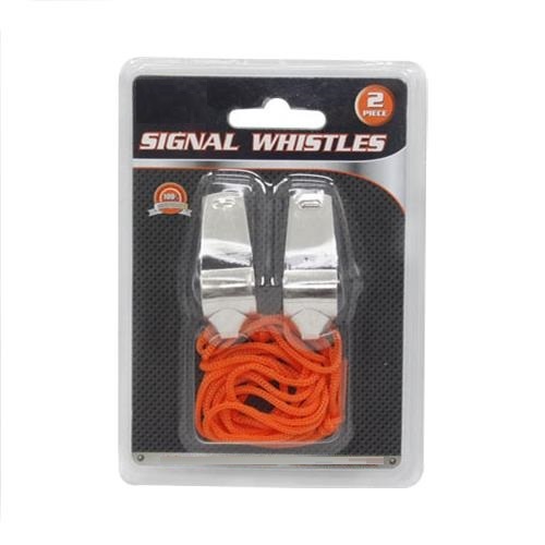 2 pc Metal Referee Whistle Lanyard Emergency Survival w/ Orange Neck String Loud
