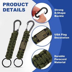 2Pcs Paracord Keychains, Paracord Keychain with USA Flag, Olive Green