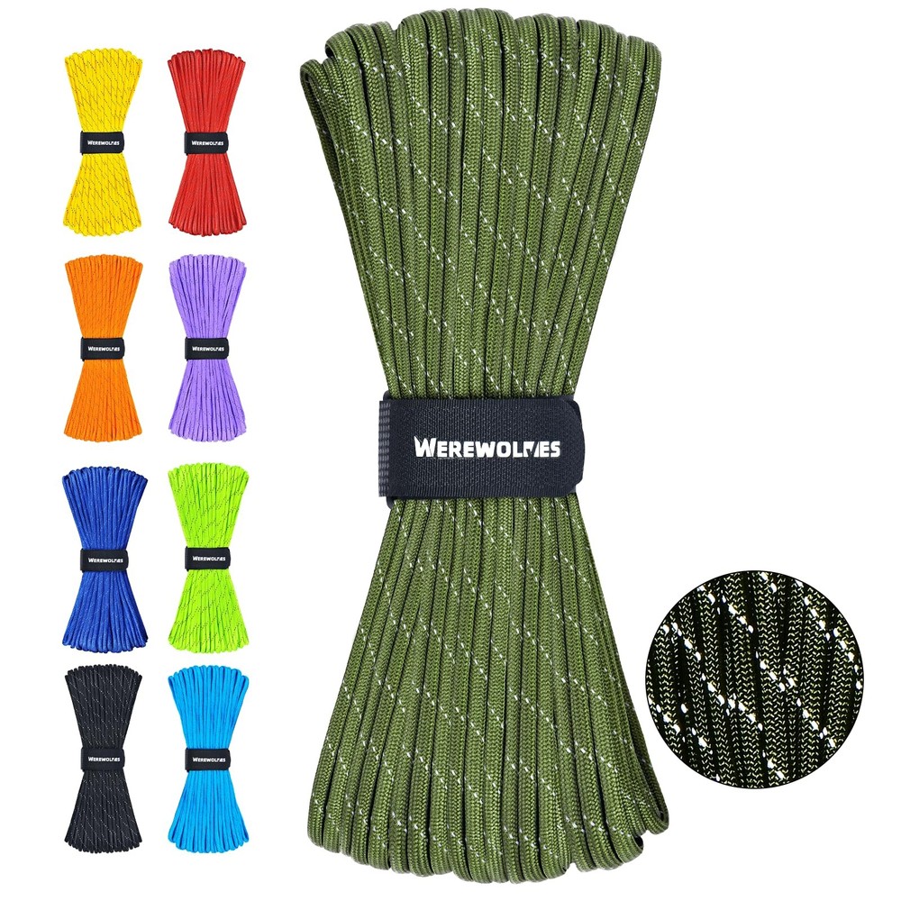 WEREWOLVES Reflective Paracord Rope 7 Strand Type III 4mm 100FT, Army Green