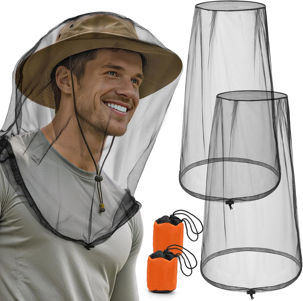 2 Pack Premium Mosquito Head Nets, Ultra Large Bug Net for Head | Adjustable Dra