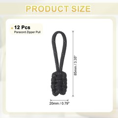 12Pcs Reflective Paracord Zipper Pull, 85 mm Length for Backpacks, Black
