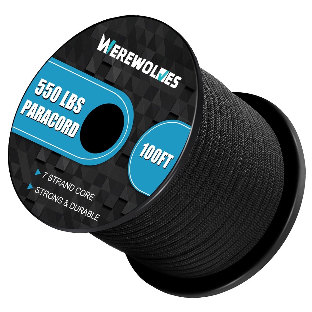 WEREWOLVES 550lb Paracord/Parachute Cord – 7 Strand Core 100FT, Black