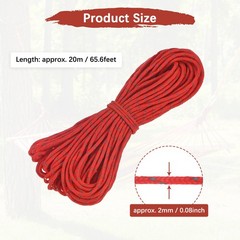 1PCS 2 mm 66FT Reflective Guyline Camping Paracord 3 Strands, Red