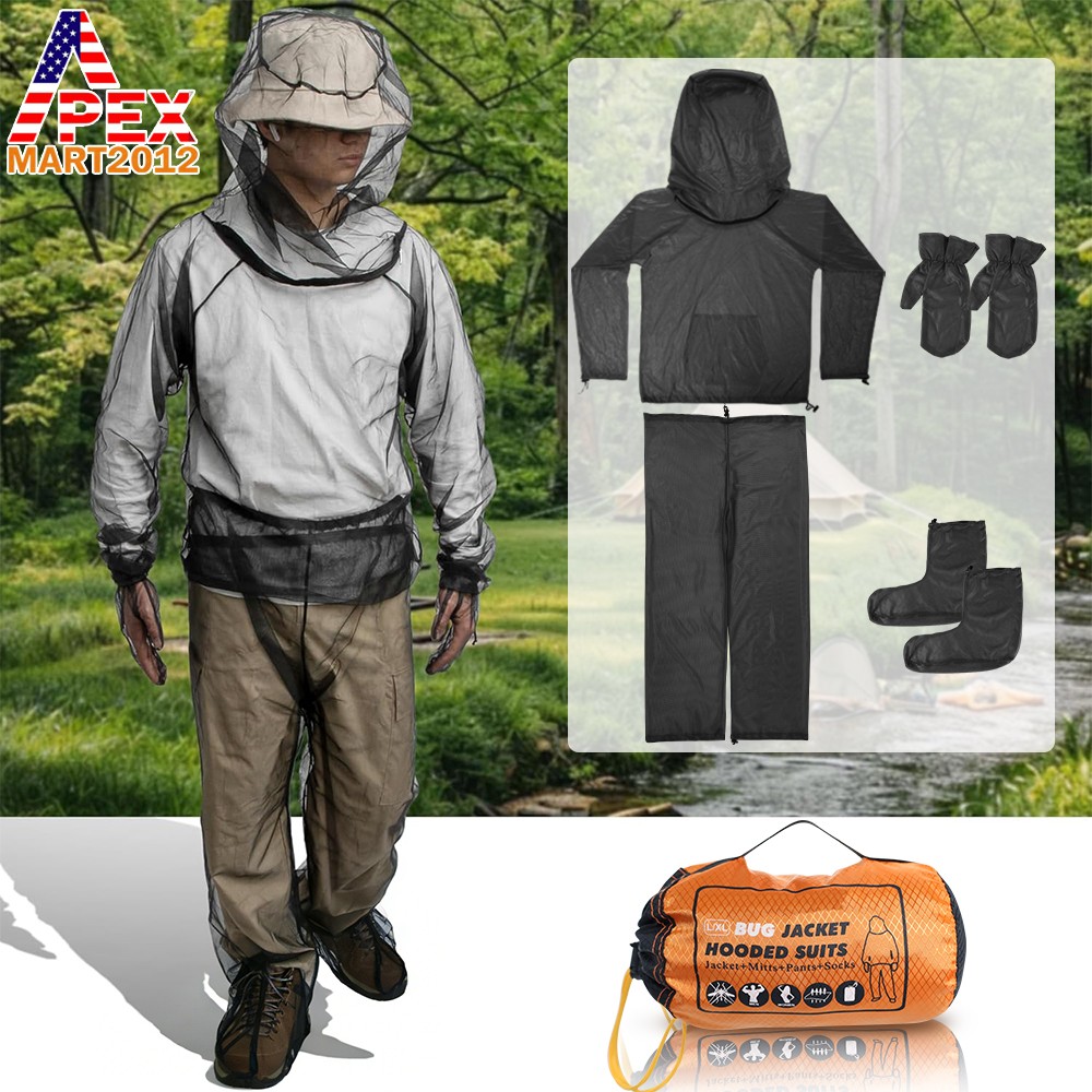 Anti Mosquito Bug Netting Suit with Zippered Hood Mesh Jacket Pants Mitts Socks