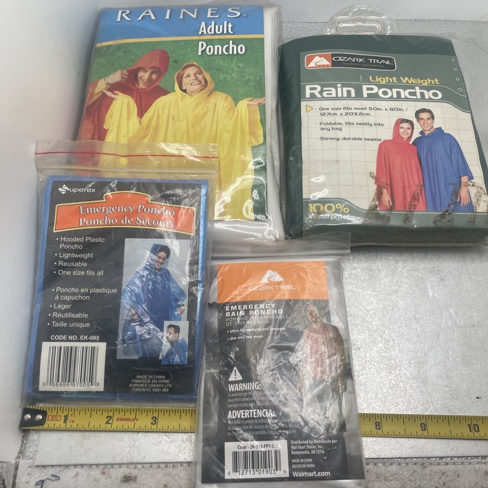 Lot of 4 Rain Poncho 1 Size Fits Most Outdoors Camping Hiking Survival Ozark