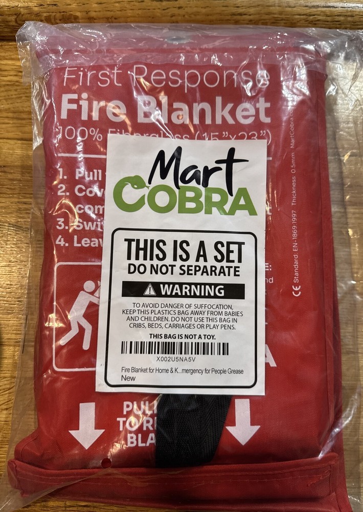 2x Mart Cobra Fire Blanket for Home, Kitchen, Camping Safety Fiberglass 15”x 23”