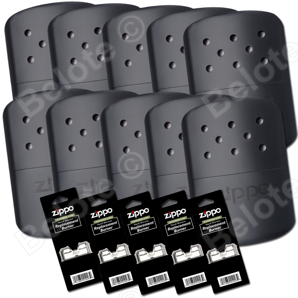 Zippo Set of 10 BLACK Refillable Hand Warmers and 5 Burners 40310 40334 44003