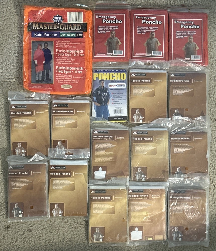 Emergency Hooded Poncho Lot Of 17, Ready America/Ozark Trail/Emergency Zone/Etc.
