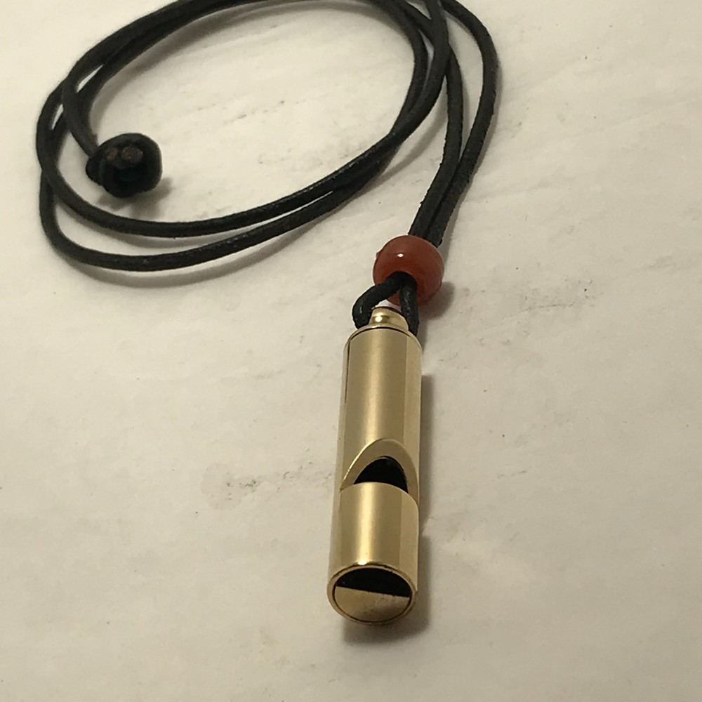 Safety Whistle «LOUD» 14kt Gold Plated Brass 36″ Leather Lanyard Amber Bead NEW