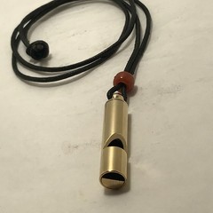 Safety Whistle «LOUD» 14kt Gold Plated Brass 36″ Leather Lanyard Amber Bead NEW
