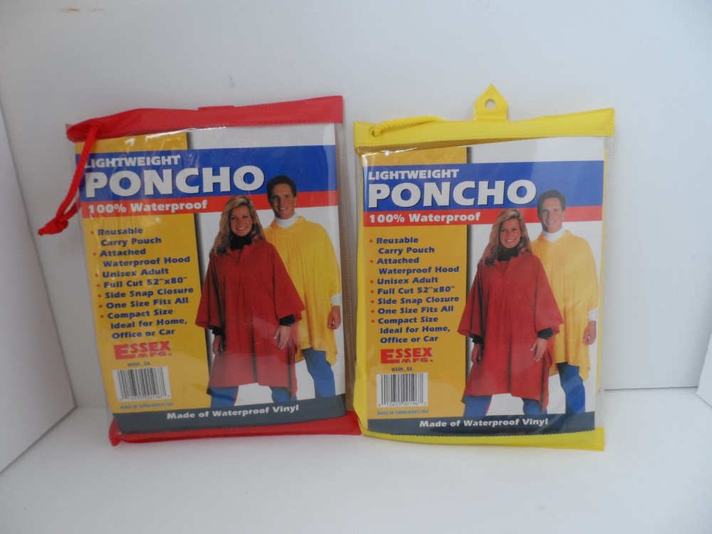 Essex Mfg. Vtg. Yellow/Blue Lightweight Rain Poncho 52″×80″ – NEW – Lot of 2