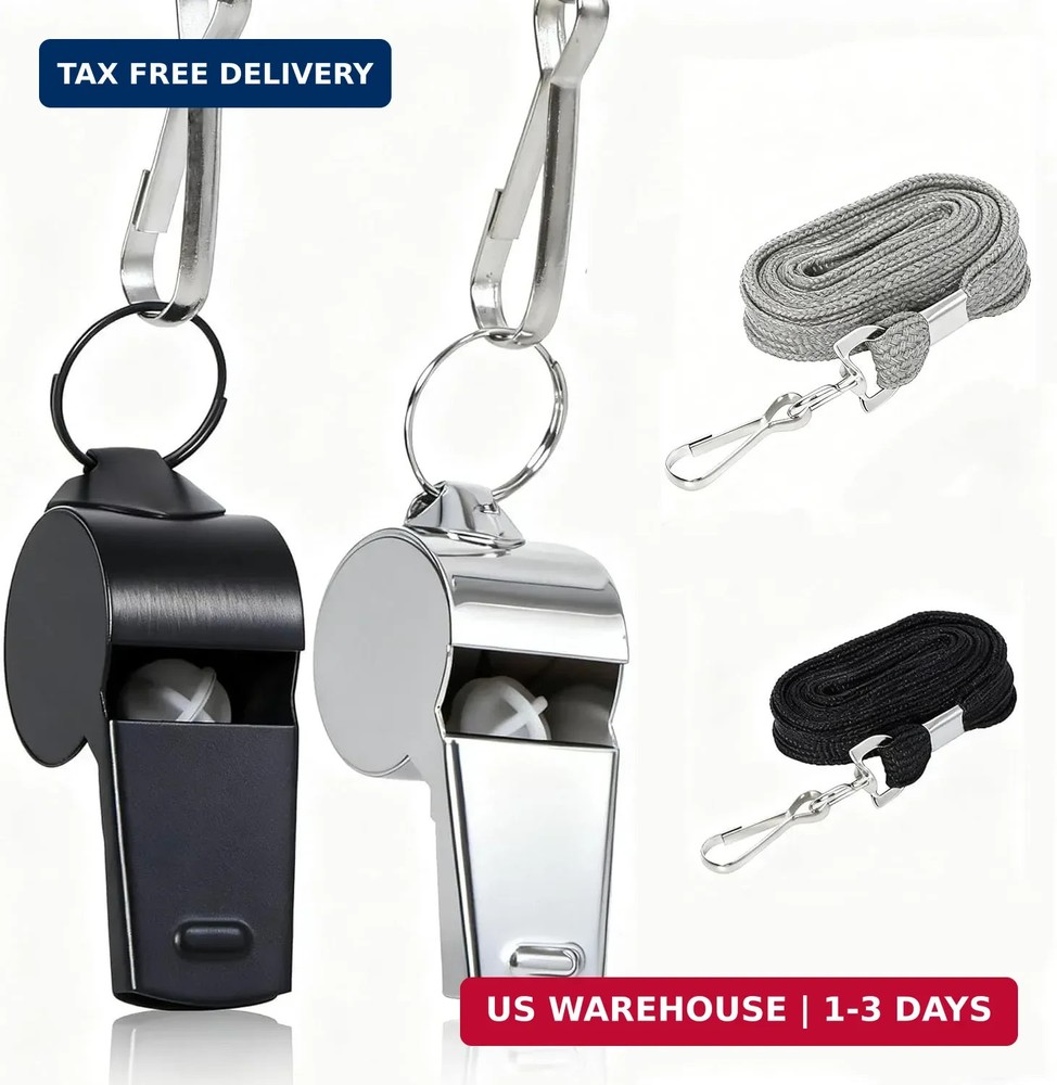 Whistle,2pcs(Black+Silver) Stainless Steel Whistle and Lanyard, Clear Bright and