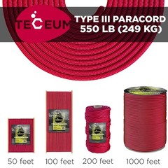 Teceum Paracord Type Iii 550 Crimson 100 Ft 4Mm Tactical Rope Mil-Spec Outdoor