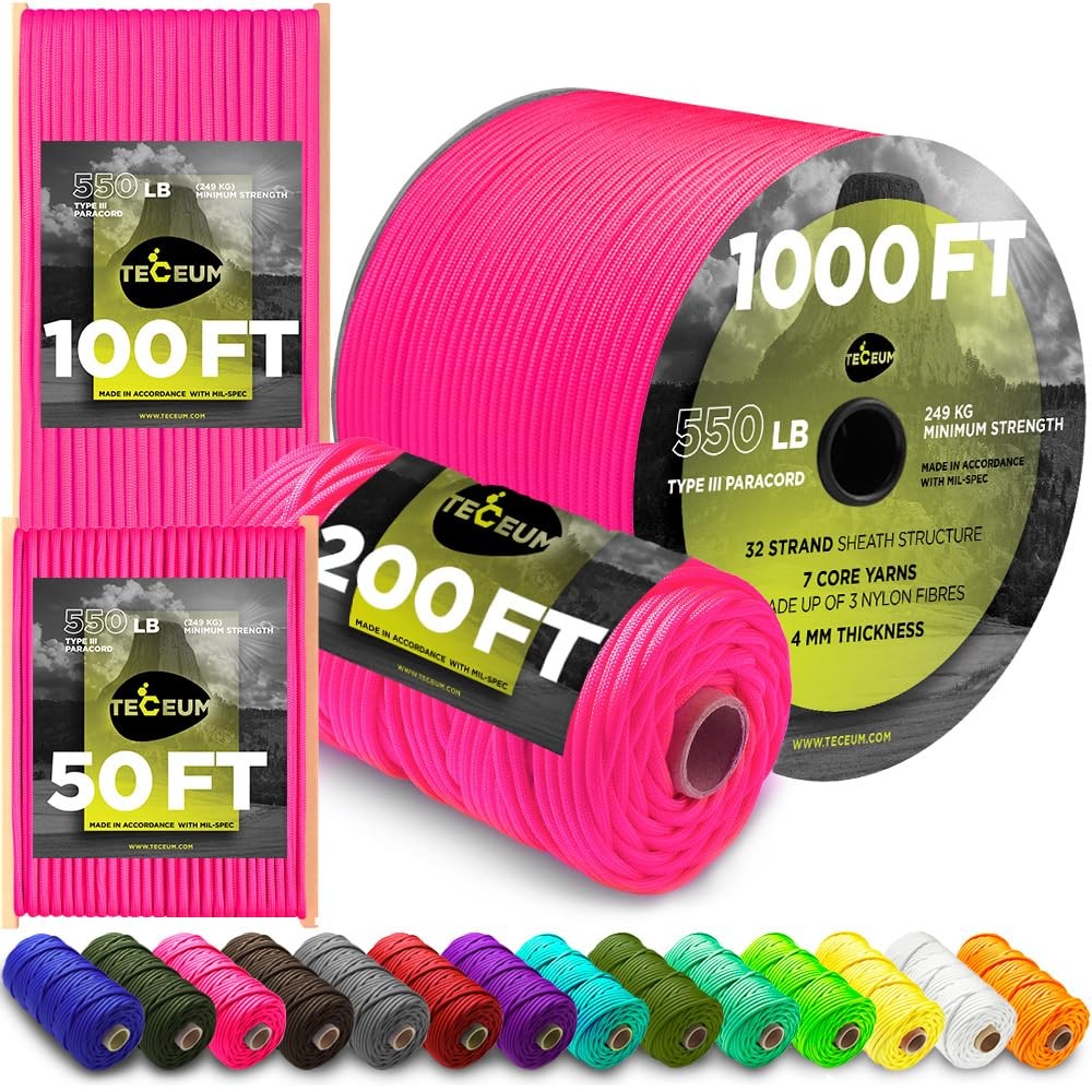 Teceum Paracord Type Iii 550 Sofit Pink 100 Ft 4Mm Tactical Rope Mil-Spec