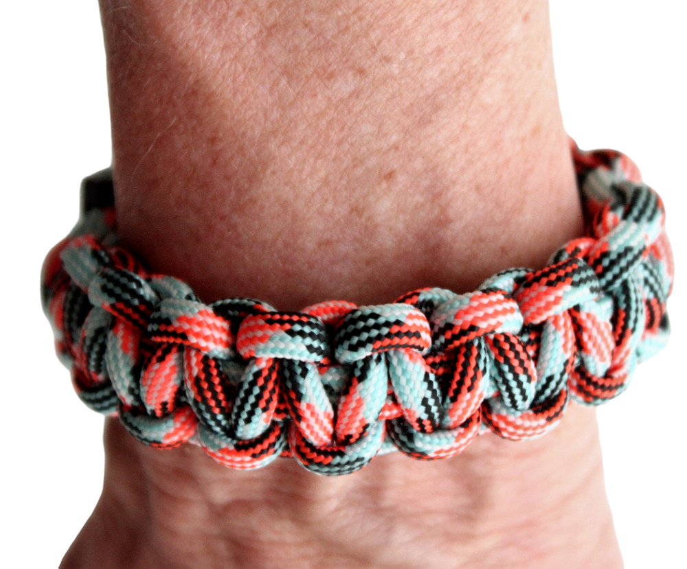Paracord Bracelet SW Coral & Blue 550 Cobra Stitch Fits 5-3/4 Inch Made USA