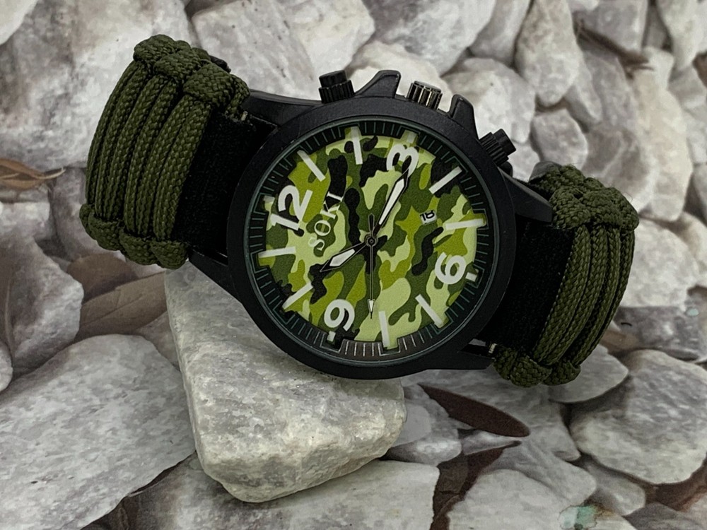 3 in 1 Survival Green Camo Watch Adjustable Paracord Strap Whistle Date LIMITED