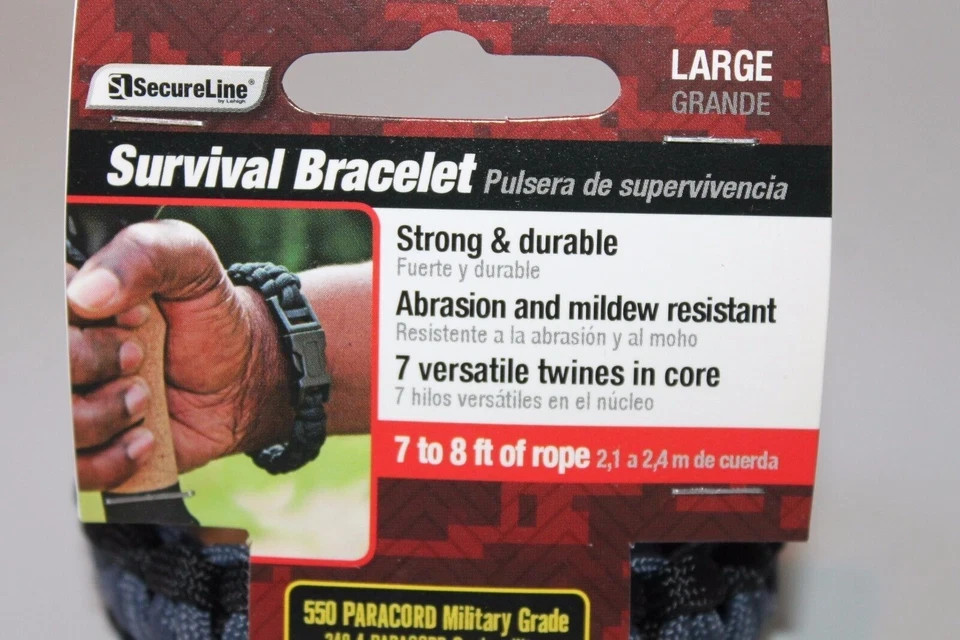 SecureLine Survival Bracelet Nylon Paracord Rope – Large, Black/Grey