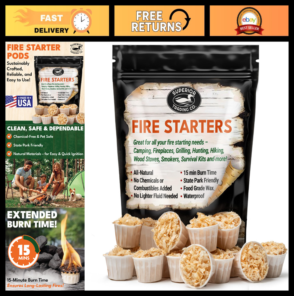 Fire Starter Pods – 30 Extra Large Resealable Packs for Campfires, BBQ, Grill &