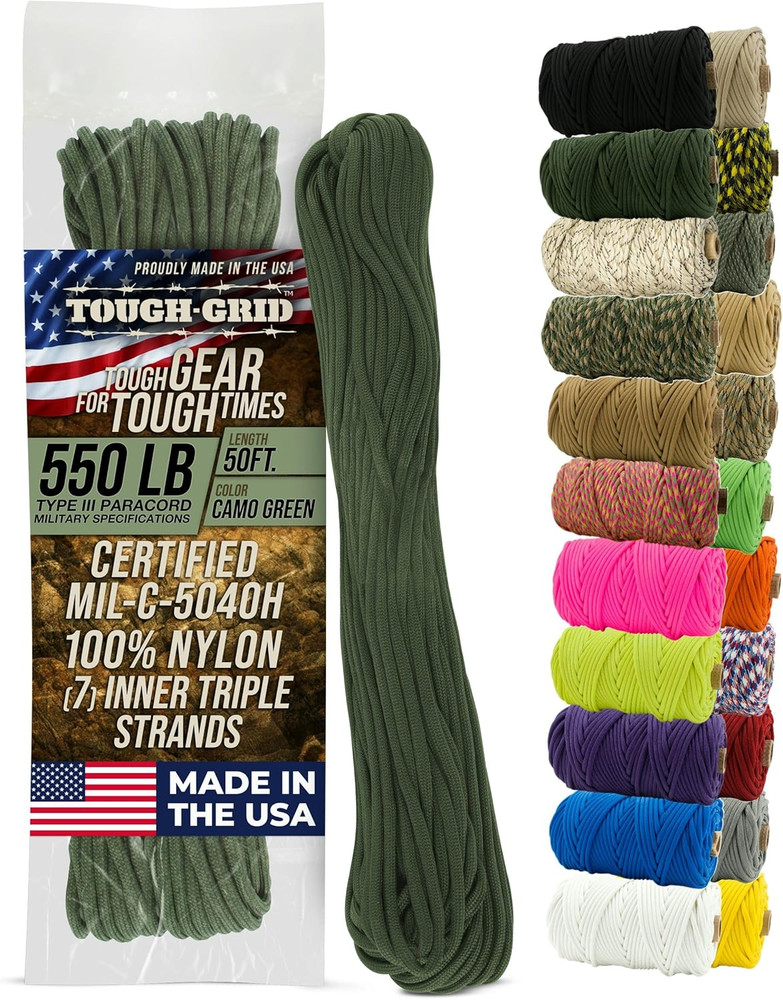 TOUGH-GRID 550 Paracord, Type III Mil-Spec Nylon Rope – 50 Ft Camo Green Tactica