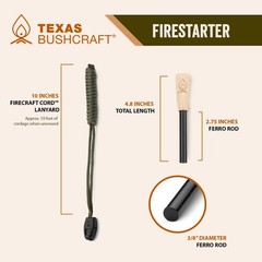 Texas Bushcraft Fire Starter – 3/8″ Ferro Rod with Striker & Paracord Lanyard