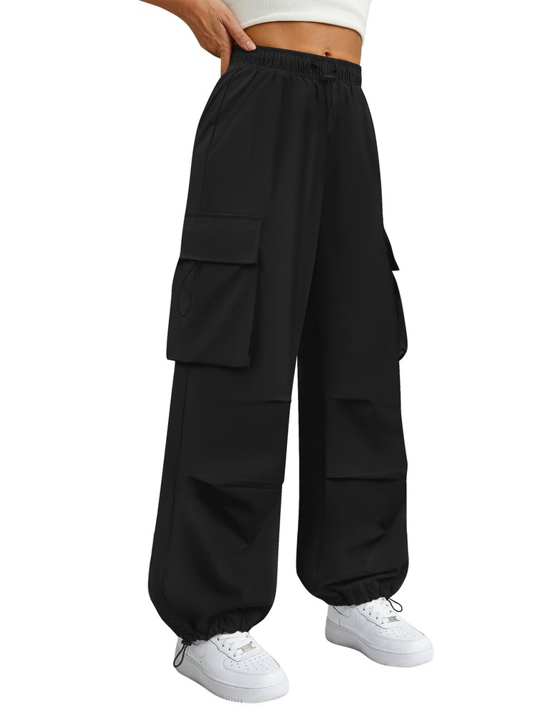 COPYLEAF Parachute Cargo Pants Women Elastic Waisted Quick Dry Large, Black