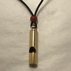 Safety Whistle «LOUD» 14kt Gold Plated Brass 36″ Leather Lanyard Amber Bead NEW