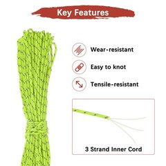 1PCS 2mm 20M Reflective Camping Lanyard 3 Braids, Fluorescent Green