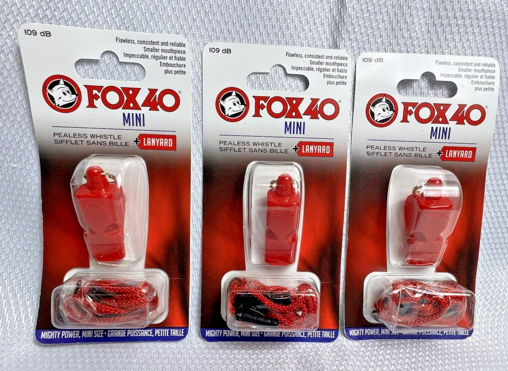 Lot of 3 – Fox 40 Mini Whistle & Lanyard Sets – 109 dB – Red Lifeguard Safety